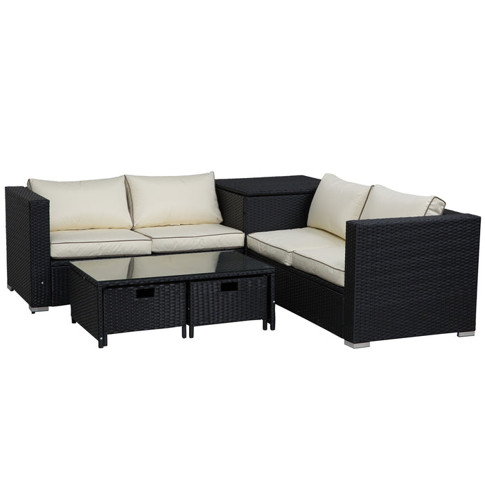 4-Seater Rattan Garden Furniture Patio Sofa Storage & Table Set w/ Coffee Table & Corner Sofa - Black