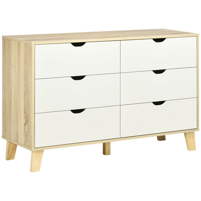 Wide Chest of Drawers, 6-Drawer Storage Organiser Unit with Wood Legs for Bedroom, Living Room, White and Light Brown