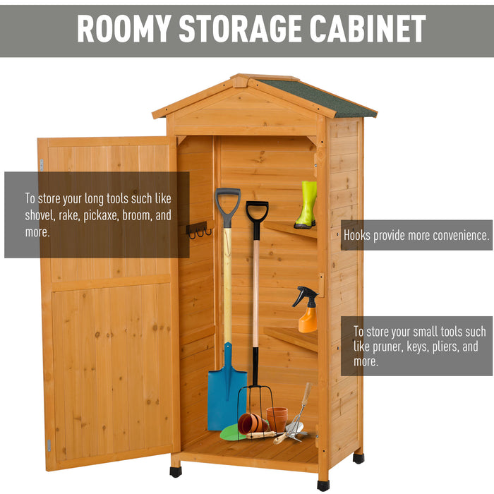 Wooden Garden Cabinet 3-Tier Storage Shed 2 Shelves Lockable Organizer with Hooks Foot Pad 74 x 55 x 155cm Dark Yellow