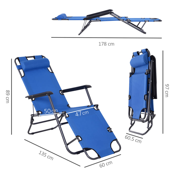 2 in 1 Sun Lounger Folding Reclining Chair Garden Outdoor Camping Adjustable Back with Pillow (Blue)