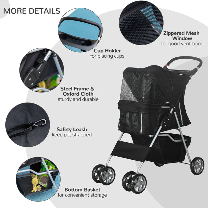 PawHut Pet Stroller for Small Miniature Dogs Cats Foldable Travel Carriage with Wheels Zipper Entry Cup Holder Storage Basket Black