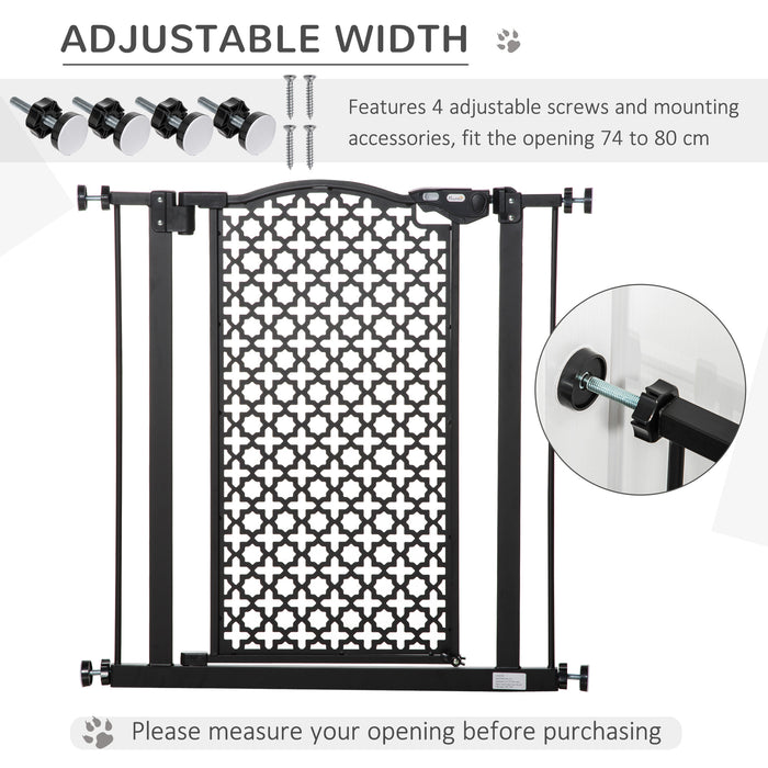 PawHut 74-80 cm Pet Safety Gate Barrier Stair Pressure Fit with Auto Close and Double Locking for Doorways, Hallways, Black