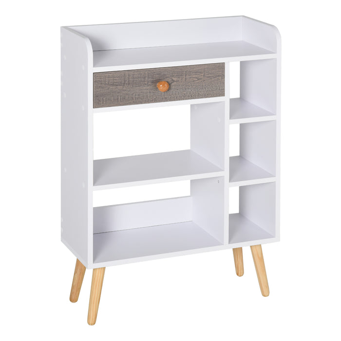 Multi-Shelf Modern Bookcase Freestanding Storage w/ Drawer 6 Shelves Wood Legs Home Office Display Furniture Stylish White Grey