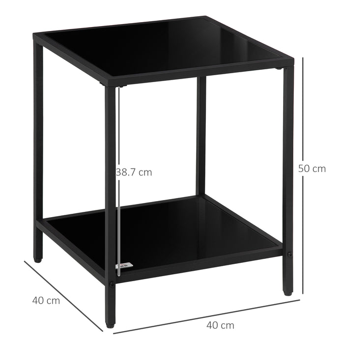Side Table with Tempered Glass Top, End Table with 2-Tier Storage, Classic Accent Table with Steel Frame, Black
