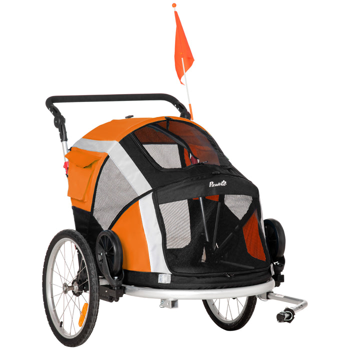 PawHut Dog Bike Trailer 2-in-1 Pet Stroller for Large Dogs Cart Foldable Bicycle Carrier Aluminium Frame with Safety Leash Hitch Coupler Flag Orange
