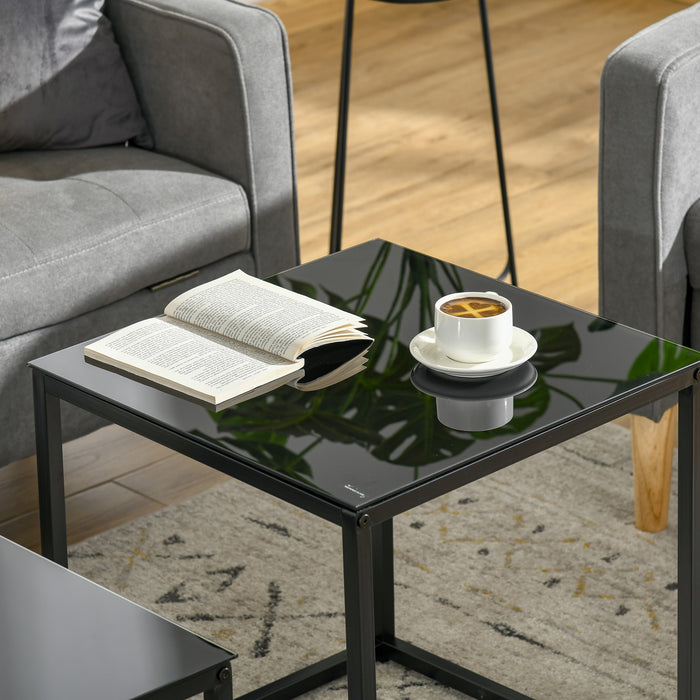 Nest of 2 Side Tables, Set of Modern Bedside Tables with Tempered Glass Desktop for Living Room, Bedroom, Office, Black