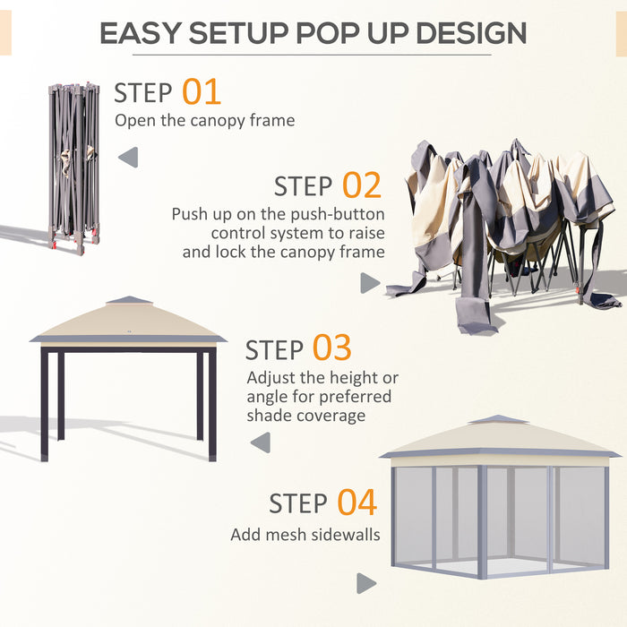 11' x 11' Pop Up Canopy, Double Roof Foldable Canopy Tent with Zippered Mesh Sidewalls, Height Adjustable and Carrying Bag, Event Tent Beige