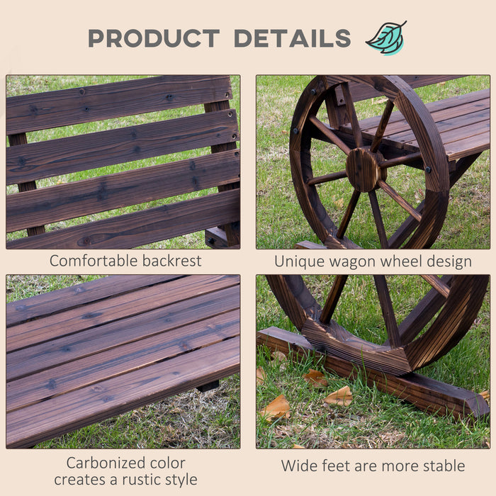 2 Seater Garden Bench Outdoor Garden Armrest Chair with Wooden Cart Wagon Wheel Rustic High Back Brown