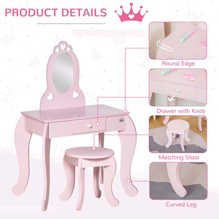 Kids Vanity Table & Stool Girls Dressing Set Make Up Desk Chair Dresser Play Set with Mirror Pink