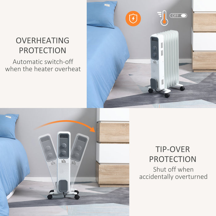 1630W Oil Filled Radiator, Portable Electric Heater w/ Three Modes Adjustable Thermostat Safety switch, White