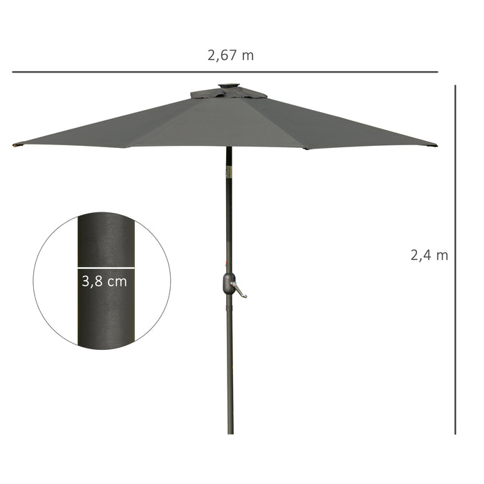 2.7m Patio LED Umbrella with Push Button Tilt/Crank 8 Ribs Sun Shade for Outdoor Table Market Umbrella Grey