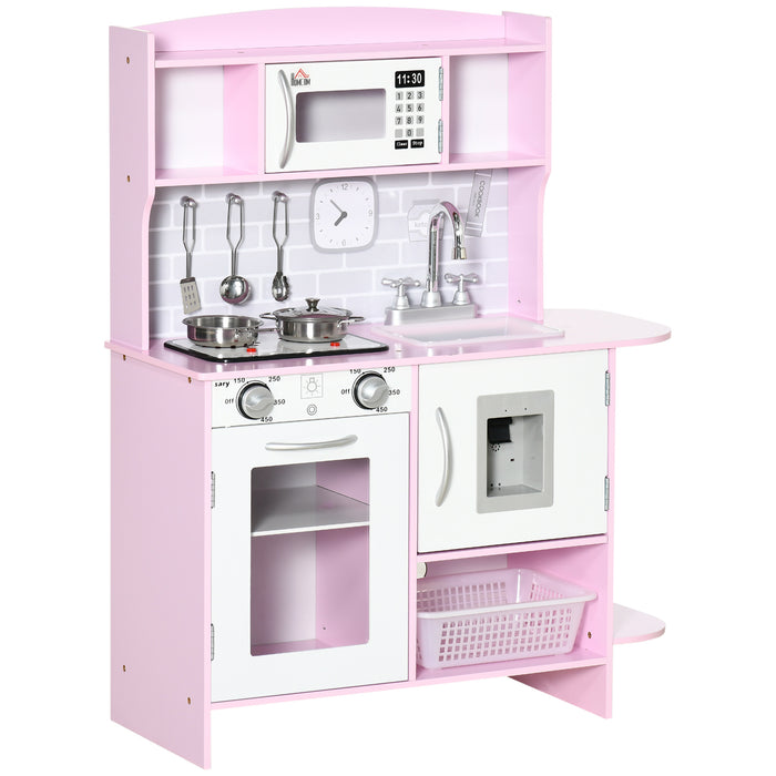 Wooden Play Kitchen with Lights Sounds, Kids Kitchen Playset with Water Dispenser, Microwave, Utensils, Sink, Gift for 3-6 Years Old, Pink