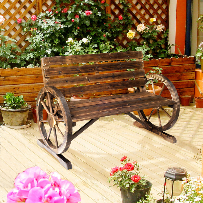 2 Seater Garden Bench Outdoor Garden Armrest Chair with Wooden Cart Wagon Wheel Rustic High Back Brown