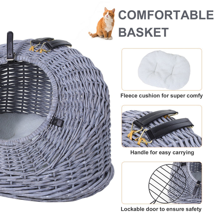 PawHut Cats Wicker Travel Carrier Basket w/ Plush Cushion Grey