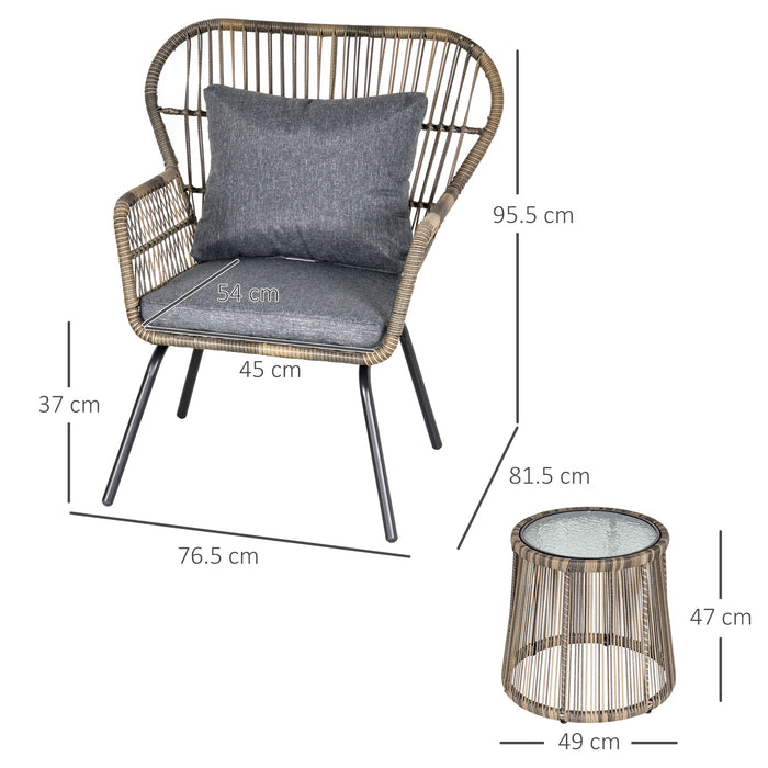 2 Seater Outdoor Patio Bistro Set, Wicker Rattan Furniture 2 Chairs 1 Coffee Table with Metal Legs for Garden, Backyard, Deck, Grey