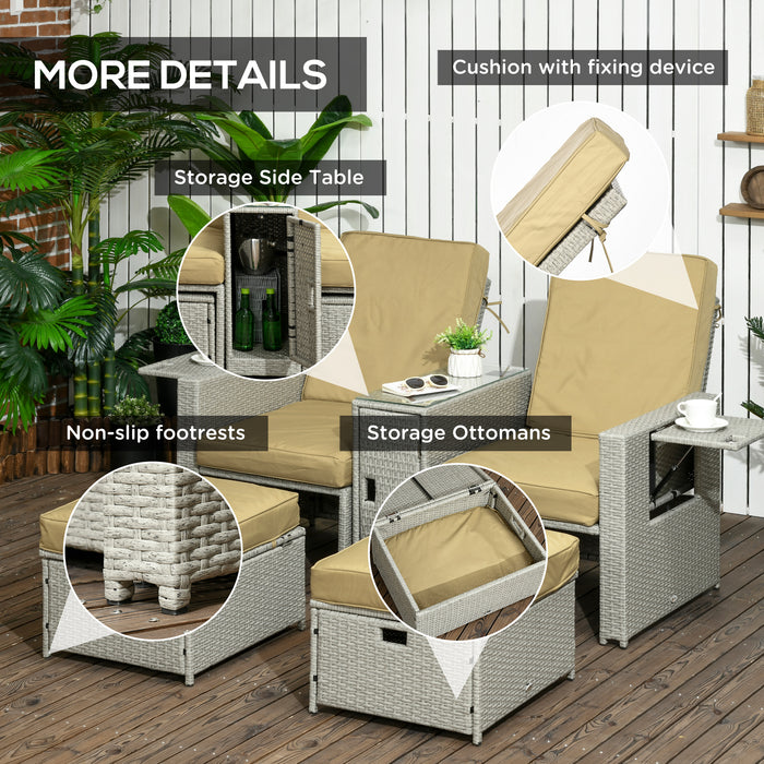 5PC PE Rattan Sun Lounger, Outdoor Wicker 5-level Adjustable Recliner Sofa Bed with Storage Side Table Footstools, for Patio, Garden, Beige