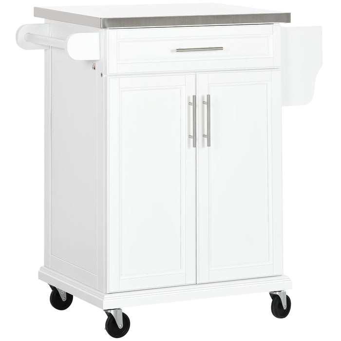 Wooden Kitchen Island on Wheels, Serving Cart Storage Trolley with Stainless Steel Top, Drawer, Side Handle and Rack, White