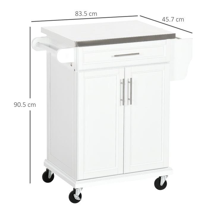 Wooden Kitchen Island on Wheels, Serving Cart Storage Trolley with Stainless Steel Top, Drawer, Side Handle and Rack, White