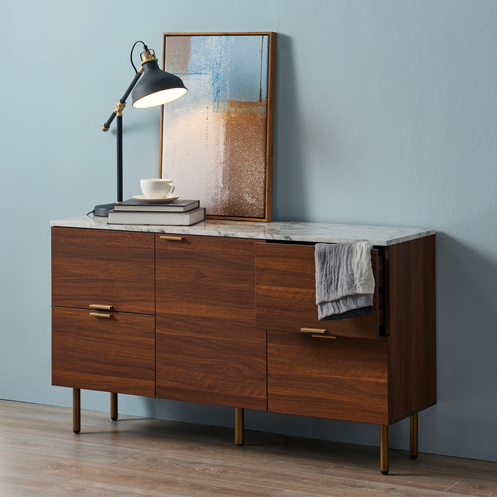 Wooden Sideboard With Faux Marble Top & Walnut Legs Ashton