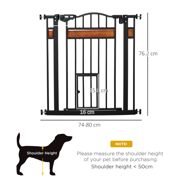 PawHut Dog Gate with Cat Door Pet Safety Gate, Auto Close Double Locking Pine Wood Decoration, for Doorways Stairs Indoor, 74-80 cm Wide, Black