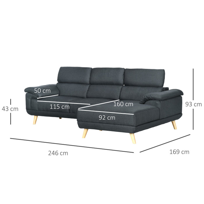 Corner Sofas for Living Room, Fabric L Shaped Sofa Settee with Adjustable Headrest, 3 Seater Couch, Dark Grey