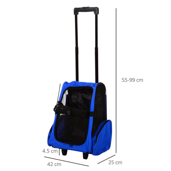 PawHut Pet Travel Backpack Bag Cat Puppy Dog Carrier w/ Trolley and Telescopic Handle Portable Stroller Wheel Luggage Bag (Blue)