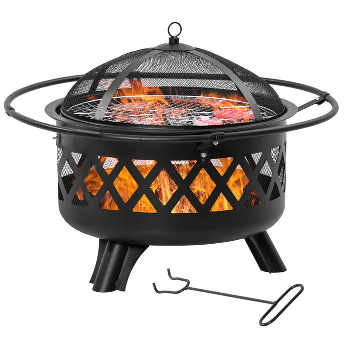 2-in-1 Outdoor Fire Pit with BBQ Grill, Patio Heater Log Wood Charcoal Burner, Firepit Bowl w/Spark Screen Cover, Poker for Backyard Bonfire