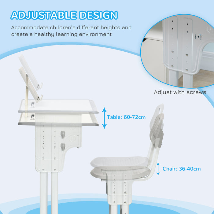 Kids Desk and Chair Set, Height Adjustable Study Table Set with Storage Drawer, Book Stand, Cup Holder, Pen Slot, Grey