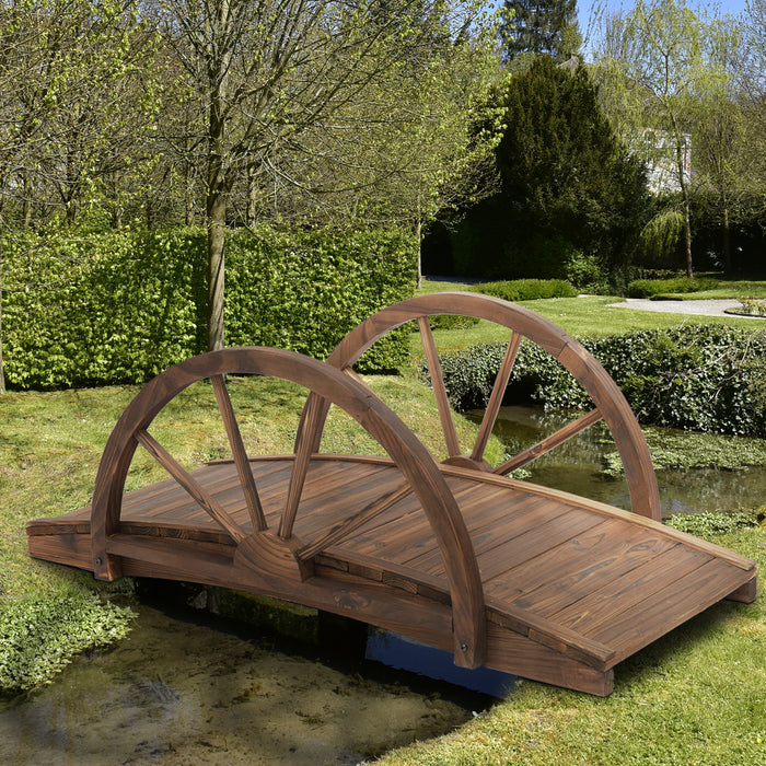 Wooden Garden Bridge Lawn D?«cor Stained Finish Arc Outdoor Pond WalkwayYard Decoration Half Wheeled Railings 100L x 50W x 37Hcm