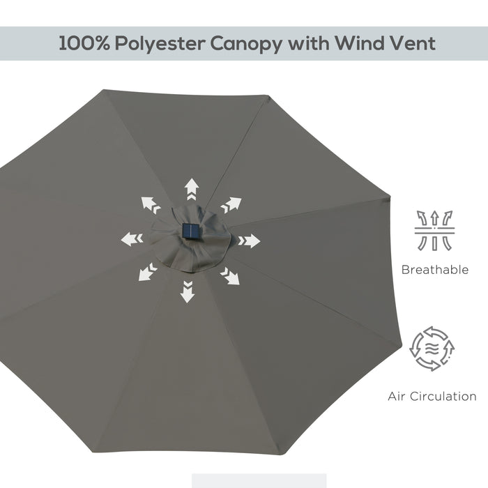 2.7m Patio LED Umbrella with Push Button Tilt/Crank 8 Ribs Sun Shade for Outdoor Table Market Umbrella Grey