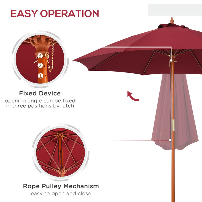 2.5m Wood Garden Parasol Sun Shade Patio Outdoor Market Umbrella Canopy with Top Vent, Wine Red