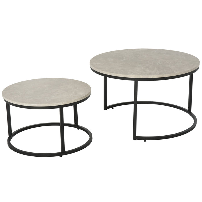 2 Pcs Stacking Coffee Table Set w/ Steel Frame Marble-Effect Top Foot Pads Nest of Tables Storage Display Black/Grey