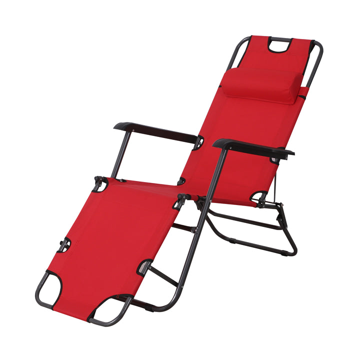 2 in 1 Sun Lounger Folding Reclining Chair Garden Outdoor Camping Adjustable Back with Pillow (Red)