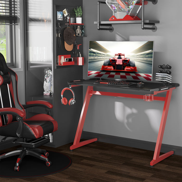 Gaming Desk, Ergonomic Home Office Desk, Gamer Workstation Racing Table, with Headphone Hook and Cup Holder, 122 x 66 x 86cm, Black and Red