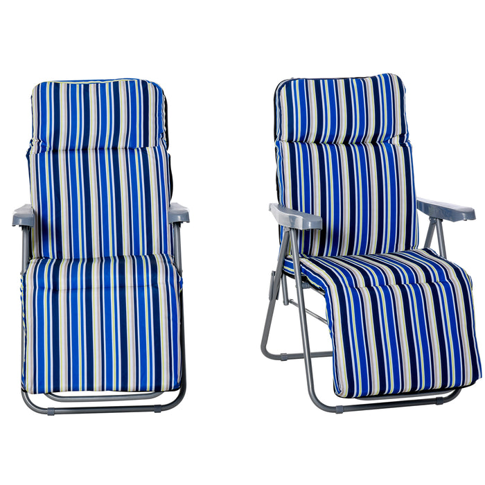 Set of 2 Garden Sun Lounger Outdoor Reclining Seat Cushioned Seat Foldable Adjustable Recliner Blue and White