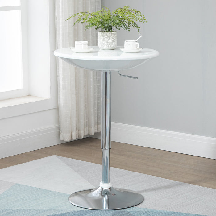 Modern Round Bar Table Adjustable Height Home Pub Bistro Desk Swivel Painted Top with Silver Steel Leg and Base, White