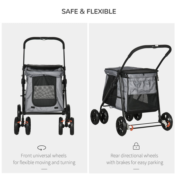 PawHut One Click Foldable Pet Stroller Dog Cat Travel Pushchair with EVA Wheels Storage Bags Mesh Windows Safety Leash Cushion for Small Pets Grey