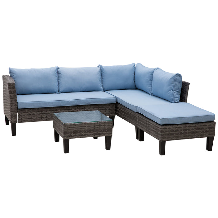 4-Seater Rattan Garden Furniture Corner Sofa Set w/ 2 Seats Footstool Square Glass Top Coffee Table Thick Blue Cushions Solid Legs - Grey