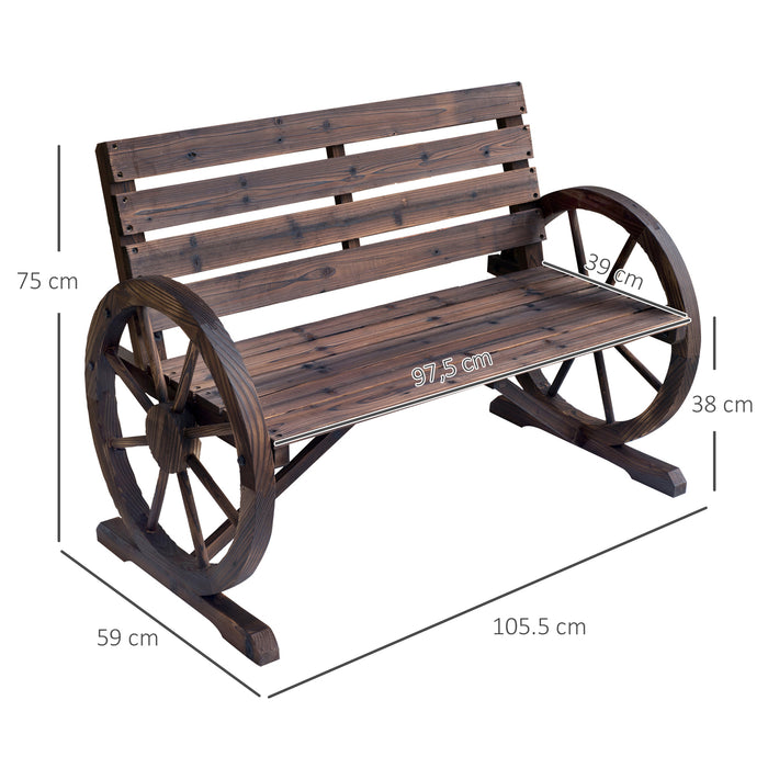 2 Seater Garden Bench Outdoor Garden Armrest Chair with Wooden Cart Wagon Wheel Rustic High Back Brown