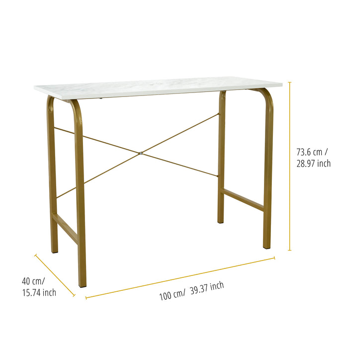 40" Home Desk Table With Faux Marble Top & Brass Frame