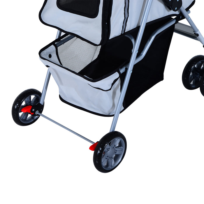 PawHut Dog Pram Pet Stroller Dog Pushchair Foldable Travel Carriage with Wheels Zipper Entry Cup Holder Storage Basket Grey