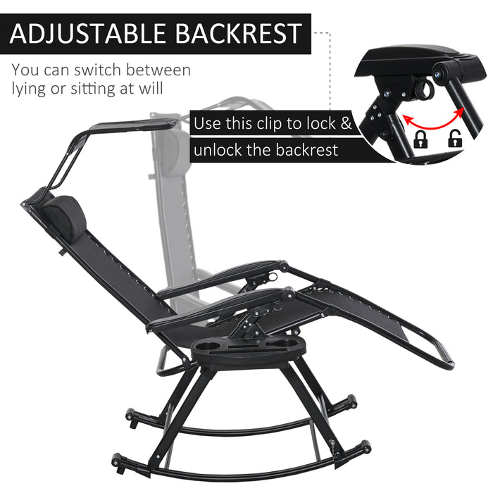 Garden Rocking Chair Folding Recliner Outdoor Adjustable Sun Lounger Rocker Zero-Gravity Seat with Headrest Side Holder Patio Deck - Black