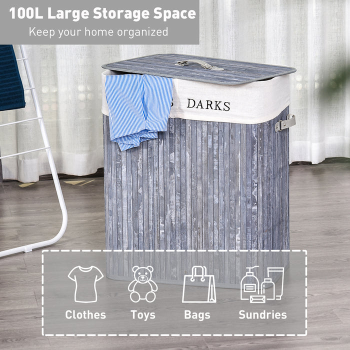 100L Collapsible Natural Wood Laundry Hamper Organizer Clothes Washing Basket Bin Storage Box w/Lid Removable Lining 52x32x63cm, Grey