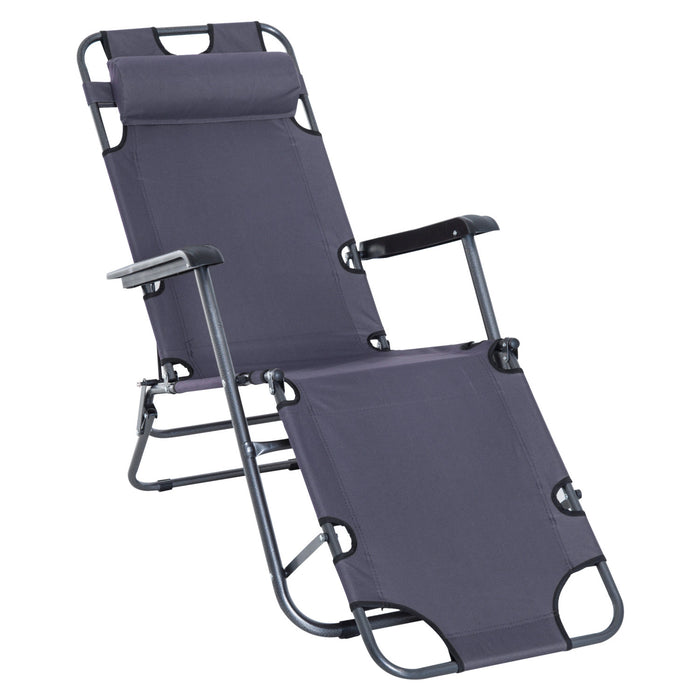 2 in 1 Sun Lounger Folding Reclining Chair Garden Outdoor Camping Adjustable Back with Pillow Grey