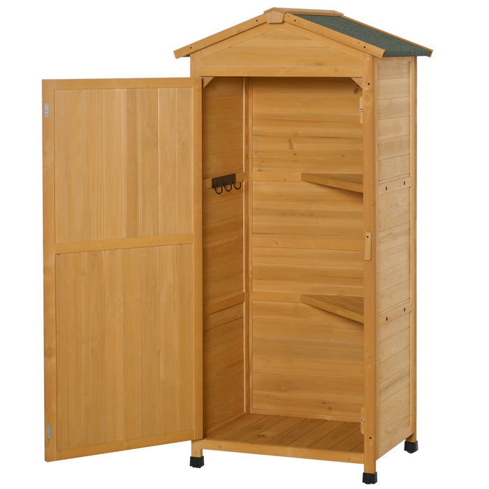 Wooden Garden Cabinet 3-Tier Storage Shed 2 Shelves Lockable Organizer with Hooks Foot Pad 74 x 55 x 155cm Dark Yellow