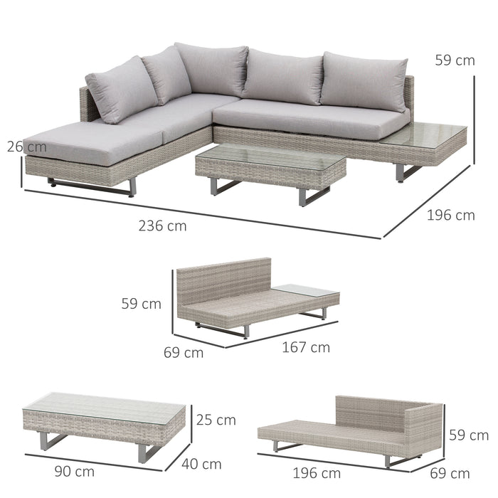5-Seater Rattan Garden Furniture Wicker Conservatory Corner Sofa Set Chaise Lounge with Coffee Table, Side Table & Cushions Èö Grey