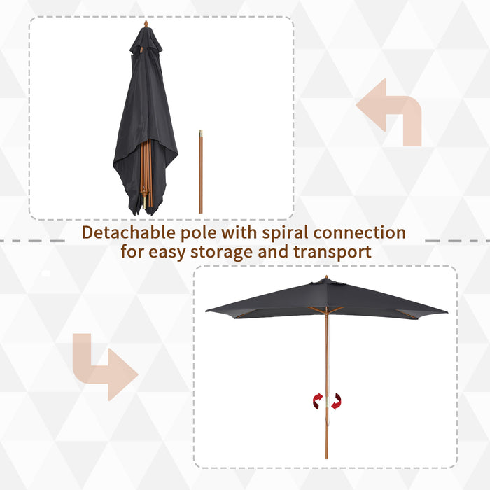 2 x 3m Wood Wooden Garden Parasol Sun Shade Patio Outdoor Umbrella Canopy New (Dark Grey)