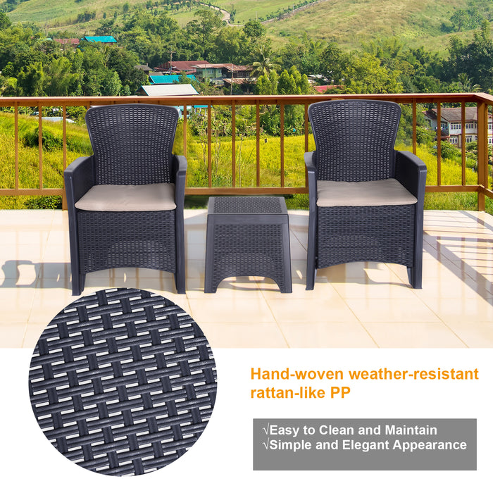3 PCS Rattan Effect Garden Bistro Set 2 Chairs & Coffee Table Set with Cushion Patio Lawn Balcony Furniture - Dark Brown