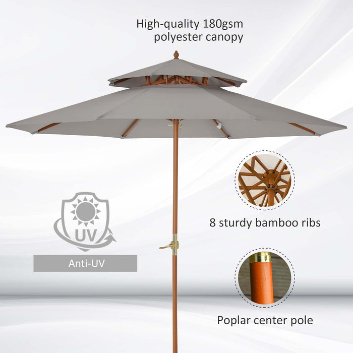 2.7 m Double Tier Outdoor Patio Garden Sun Umbrella Sunshade Wooden Parasol Grey Shade Canopy