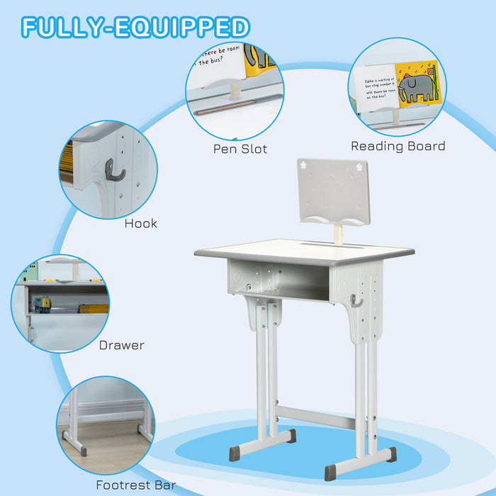 Kids Desk and Chair Set, Height Adjustable Study Table Set with Storage Drawer, Book Stand, Cup Holder, Pen Slot, Grey